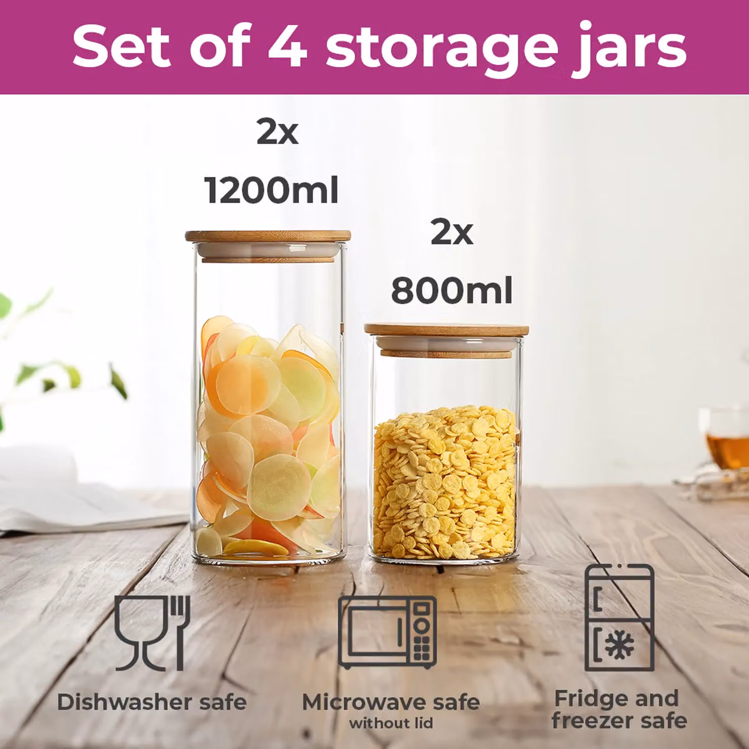 Neo Set of 4 Airtight and Leakproof High Borosilicate Glass Storage Jars with Natural Bamboo Lids in Transparent – 2