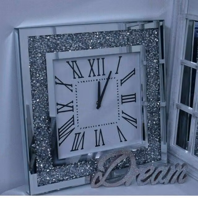 Biznest Silver Crushed Diamante Square Quartz Analog Wall Clock