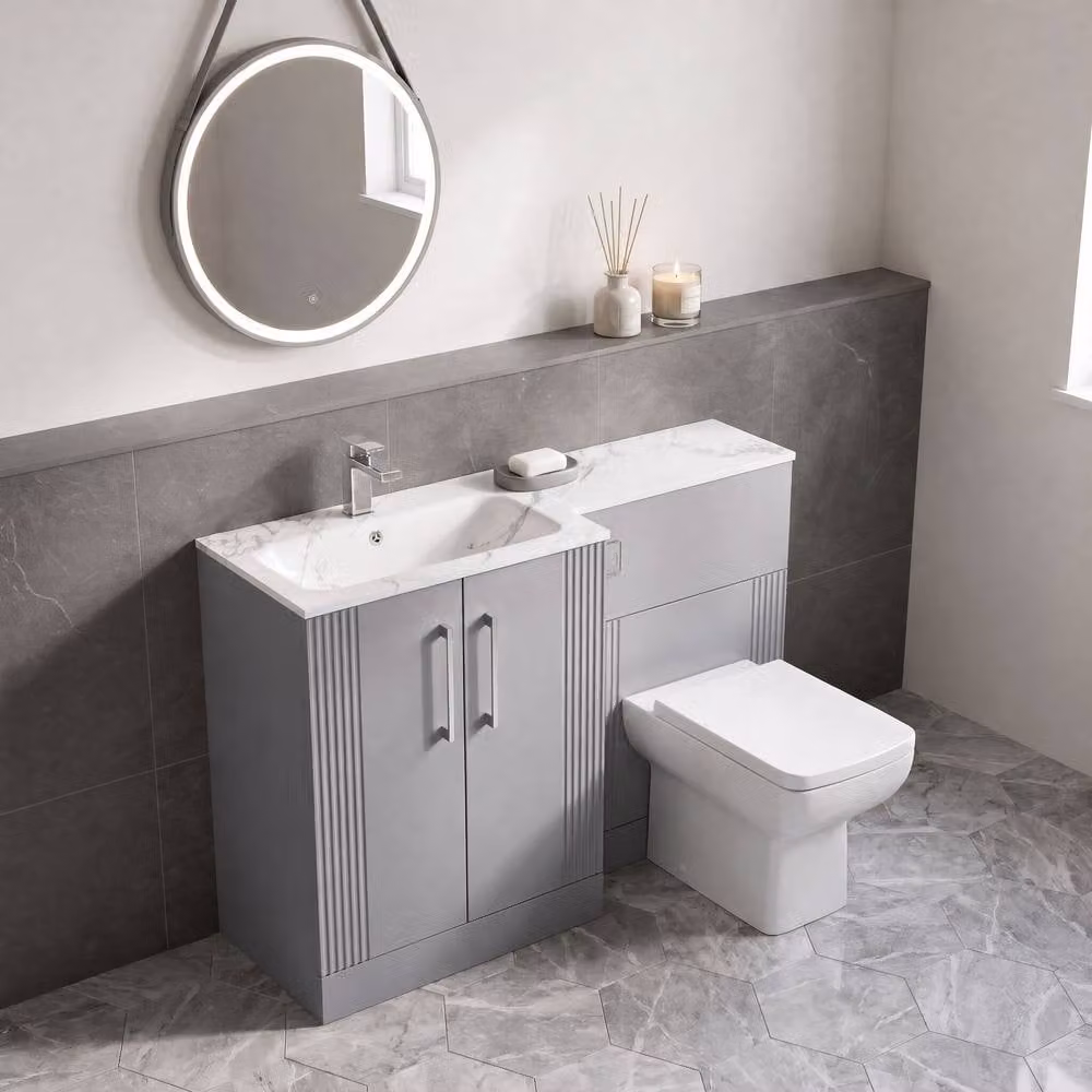 Balterley Belvide Grey 2 Door Freestanding WC Vanity Unit with Carrera Stone Basin and LED Lighting, Width: 110 cm – 2
