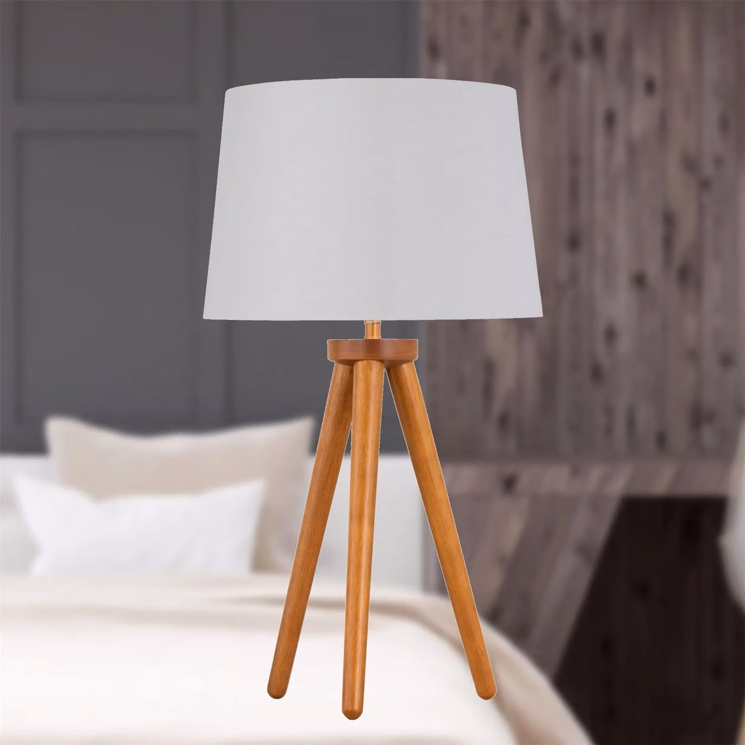 First Choice Lighting Set of 2 Dark Oak Table Lamps with White and Silver Fabric Shades in Brown, H 51 cm x W 28.5 cm x D 28.5 cm – 2