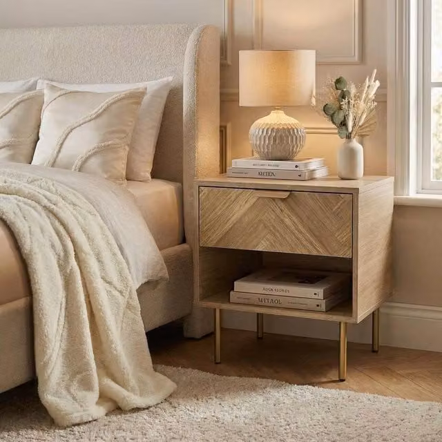 OHS Chevron Bedside Table 1 Drawer Cabinet Nightstand Storage Unit in Light Oak – 1