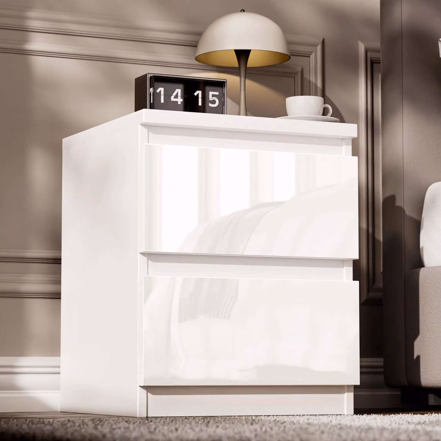 DHS High Gloss 2 Drawer White Bedside Table