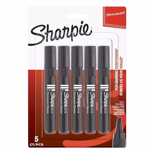 Sharpie W10 Permanent Markers with Chisel Tip in Black, 5 Pack