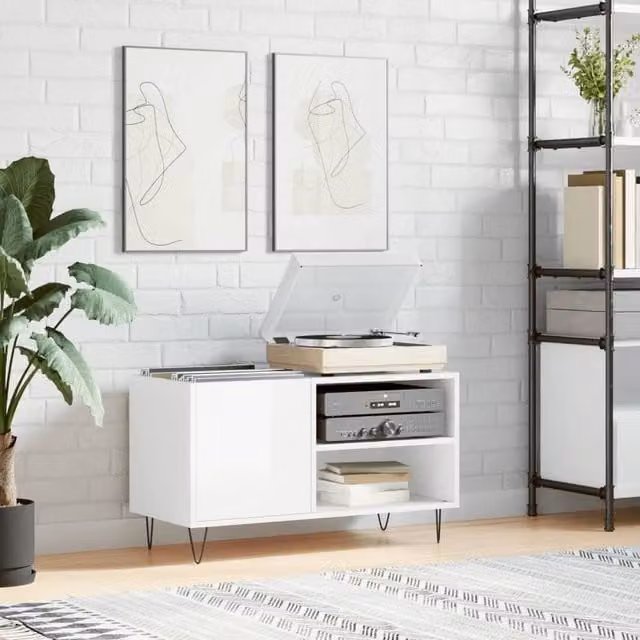 Berkfield Home Record Cabinet in High Gloss White, W/D/H: 85 x 38 x 48 cm