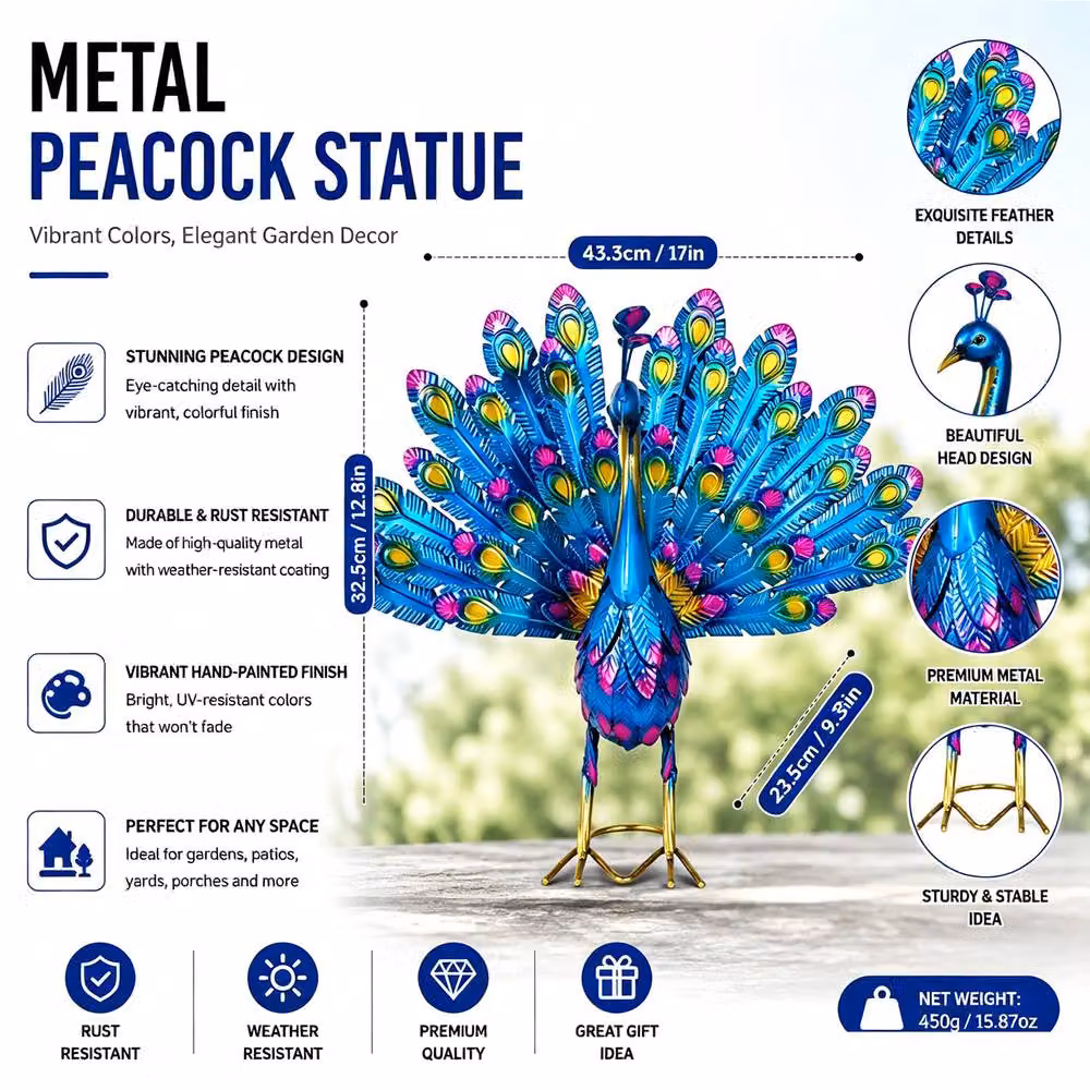Quipulse Multicolour Metal Peacock Craft Statue for Outdoor Decor – 2