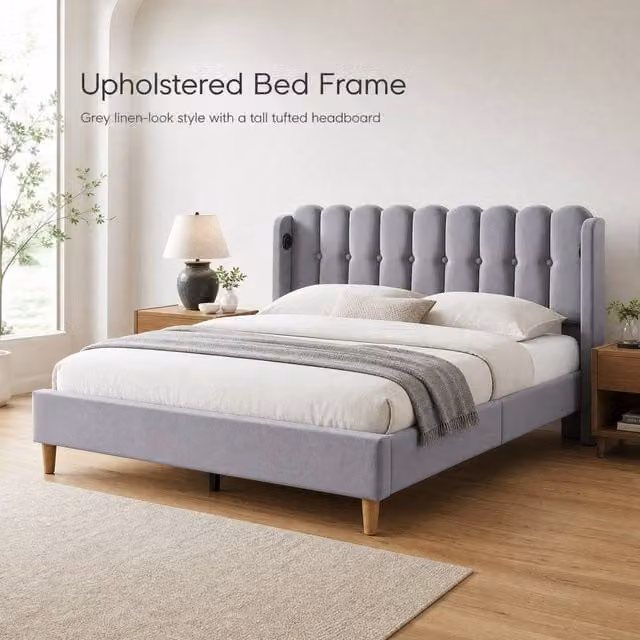 STILVORA Modern Upholstered Double Bed Frame in Grey with USB Charging Port, W/D/H: 140 x 200 x 137 cm – 1