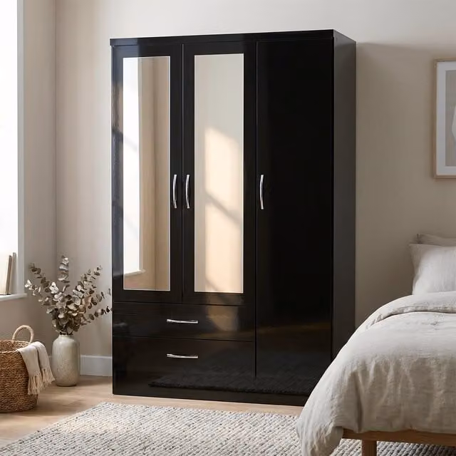 Seconique Nevada Modern Black Gloss 3 Door 2 Drawer Wardrobe with Mirror and Internal Shelving
