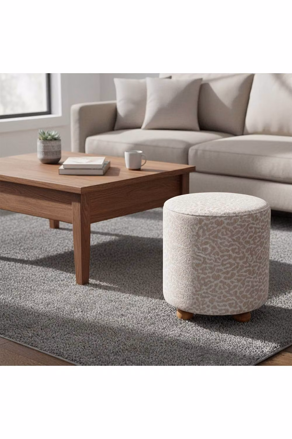 Living and Home Modern Velvet Upholstered Footstool with Cylindrical Pine Wood Legs in Brown and Beige, W/D/H: 40.0 x 35.0 x 40.0 cm – 2