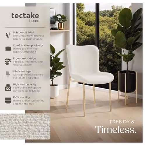 tectake Set of 2 Tessa Dining Chairs in White Bouclé with Gold Metal Legs – 2