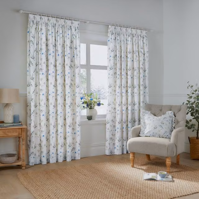 Make It A Home Meadow Cotton Floral Pencil Pleat Curtain Pair in White, Height: 229 cm, Width: 168 cm