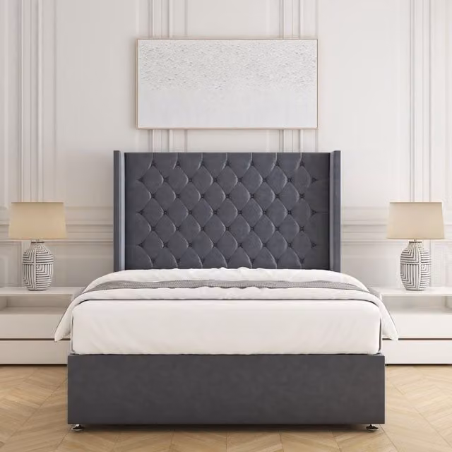 BSSPOKE Winchester Small Double Divan Bed Set with 54 inch Headboard and Mattress in Grey Plush Velvet