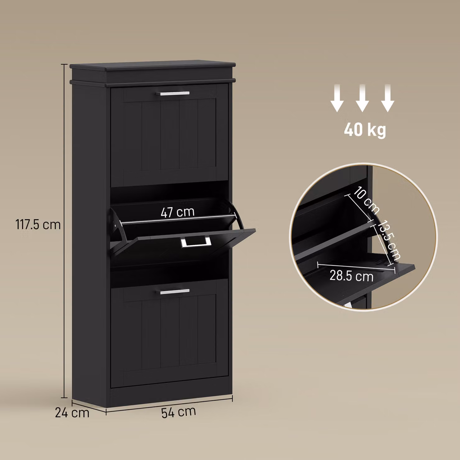 HOMCOM Minimalist Black Wall-Mounted Shoe Cabinet with Tilting Compartments and Internal Shelves, W/D/H: 117.5 x 17.9 x 54.0 cm – 3