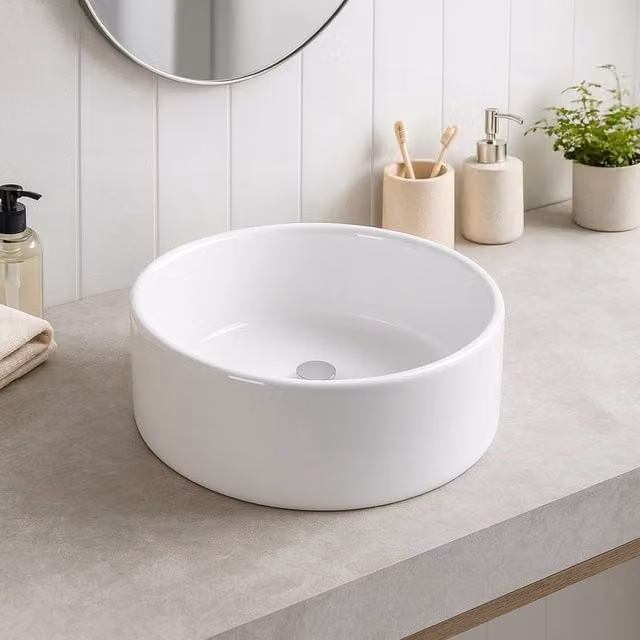 Bathroom Kingdom Rimini Round Ceramic Countertop Basin, White, Diameter: 41.5 cm