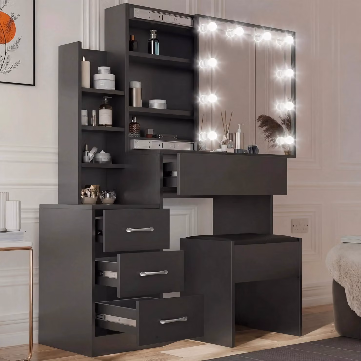 DHS Hollywood LED Mirror Dressing Table with Storage Drawers in Matt Black