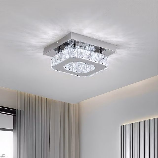Komore Modern Square Crystal Ring Ceiling Light with Silver Stainless Steel Base
