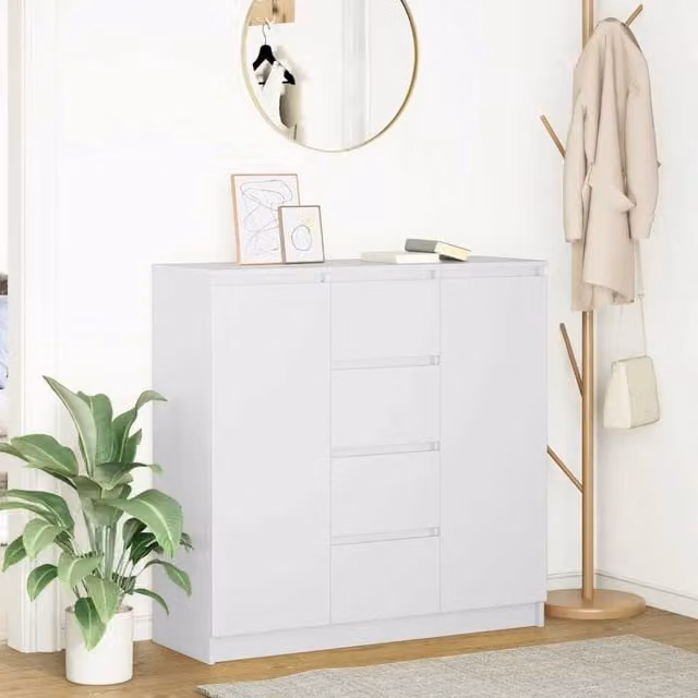 Berkfield Home Modern White Sideboard with Drawers, W/D/H: 100.5 x 35 x 98.5 cm