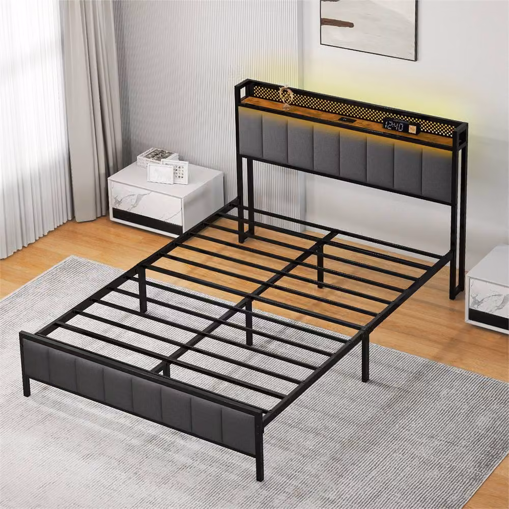 Nordara Modern Upholstered Double Bed Frame in Black with LED Lighting, USB Charging Ports and Lift-Up Storage, W/D/H: 140 x 200 cm – 2