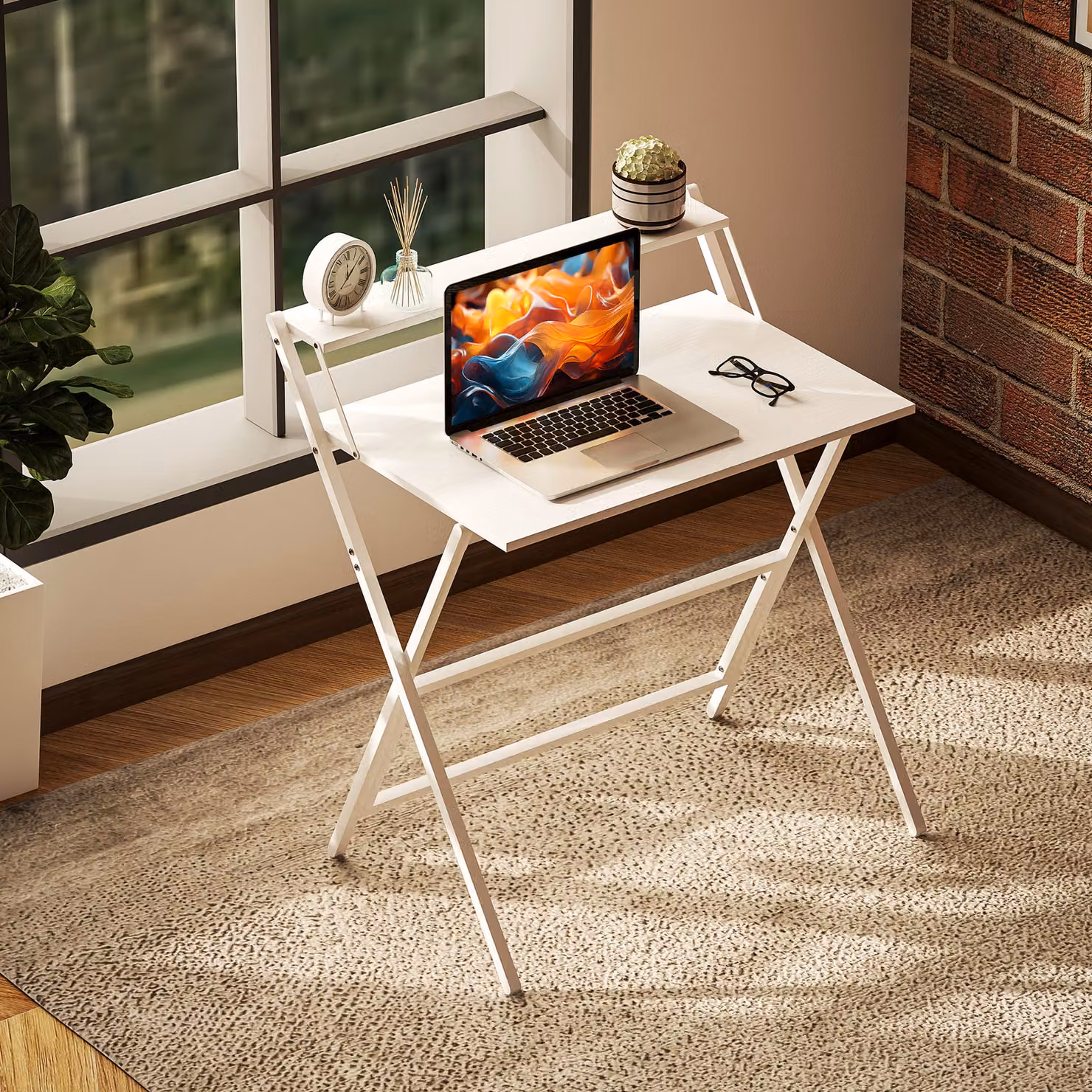 HOMCOM White Folding Computer Desk with Monitor Shelf – 5