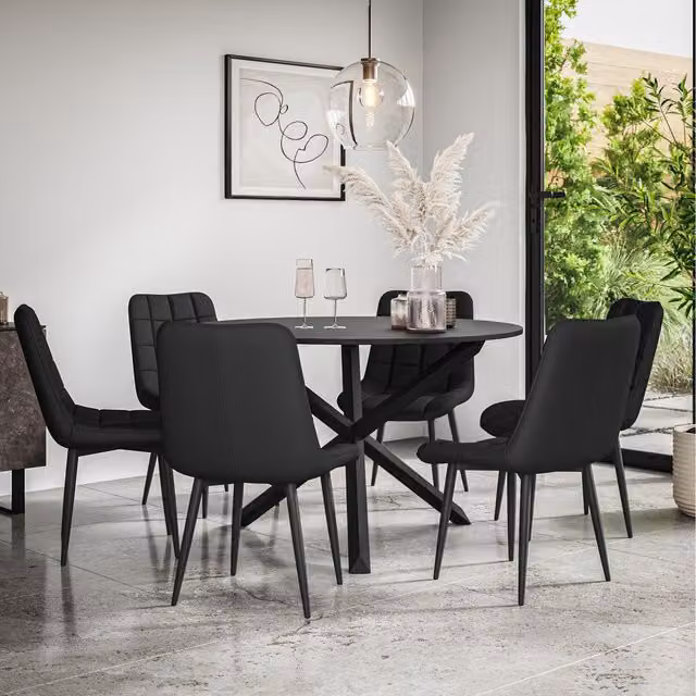 More4Homes Malvern Round Black Dining Table Set with 6 Black Nova Faux Leather Chairs and Black Oak Legs