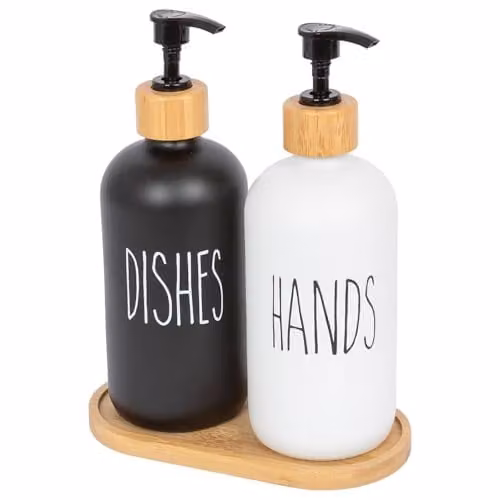 Harbour Housewares 2 Piece Glass Hand and Dish Soap Dispenser Set with Bamboo Tray, 500ml, White and Black – 1