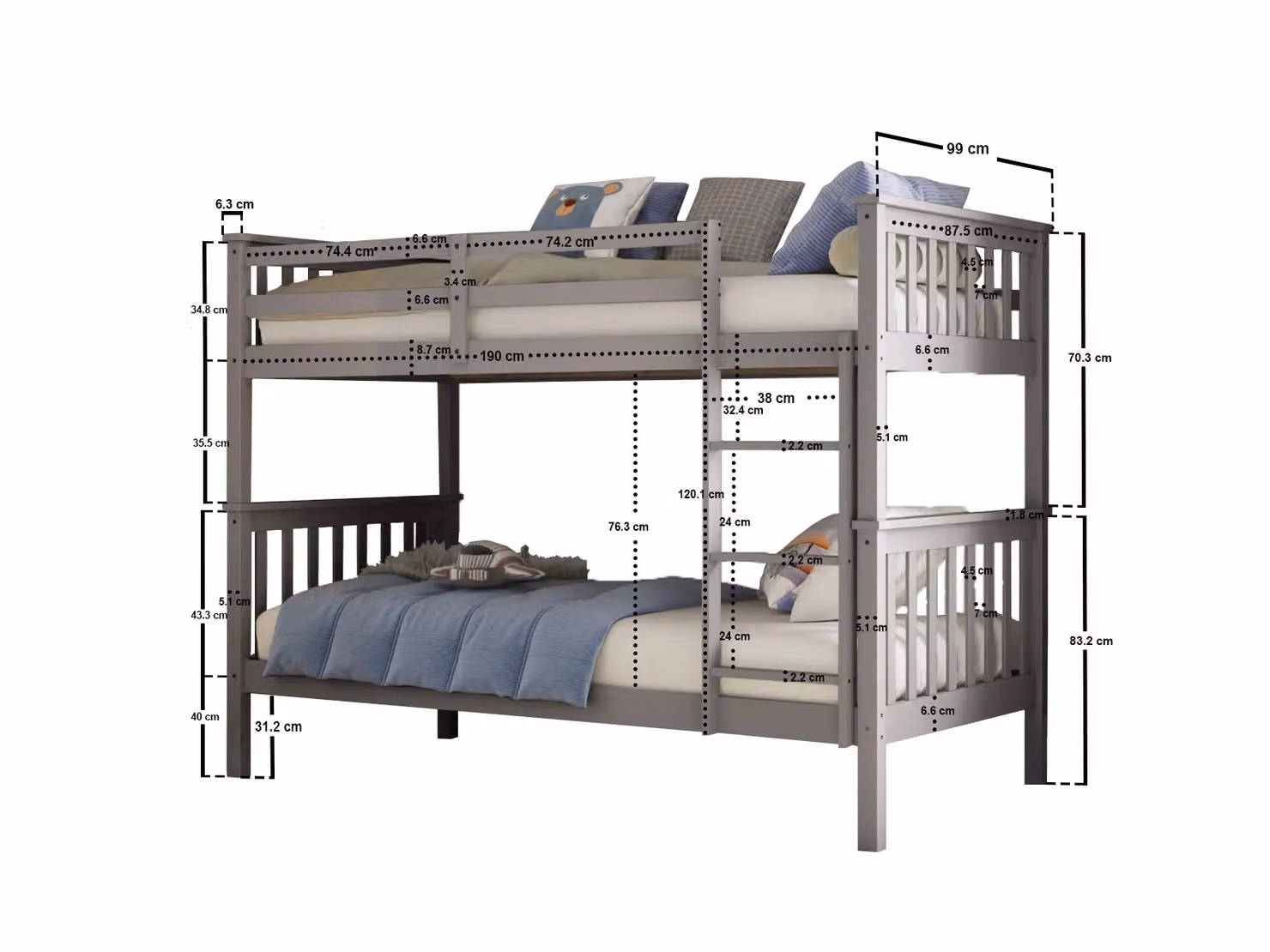 Flair Koop Detachable Bunk Bed in Grey and White, Solid Wood, W/D/H: 100 x 200 x 157.1 cm – 2