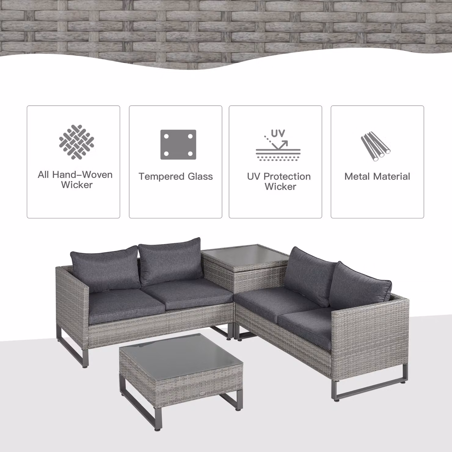 Outsunny Grey PE Rattan Wicker 4-Seater Garden Furniture Set with Coffee Table and Side Storage Box – 5