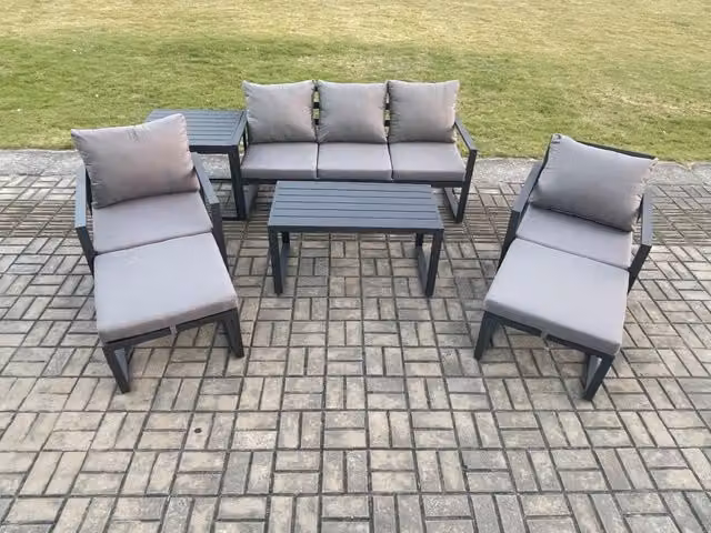 Fimous 7 Seater Powder Coated Aluminium Garden Furniture Set in Dark Grey with Cushions, 3 Seater Sofa, 2 Armchairs, 2 Ottomans and Side Table
