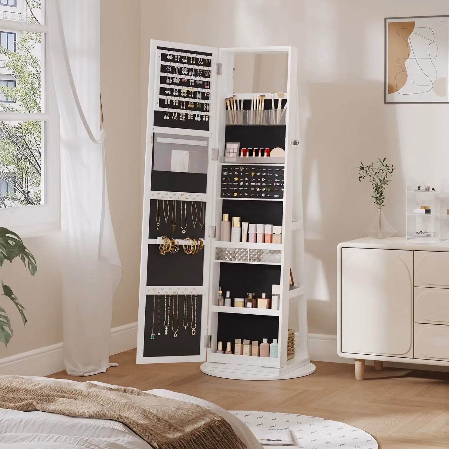 Dprodo 360 Degree Swivel Mirror Jewellery Cabinet in White, H 160 x W 55 x D 55 cm – 2