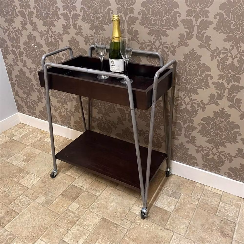 Nordara Brown Wooden and Metal Art Deco Rolling Bar Cart with Castors, W/D/H: 75 x 35 x 35 cm – 2