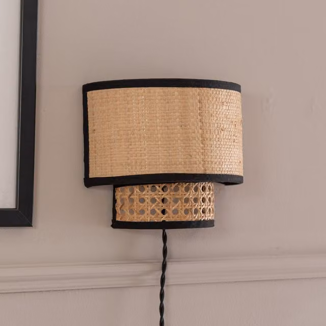 ValueLights Grant Cane Plug In Rattan Wall Light in Brown and Beige