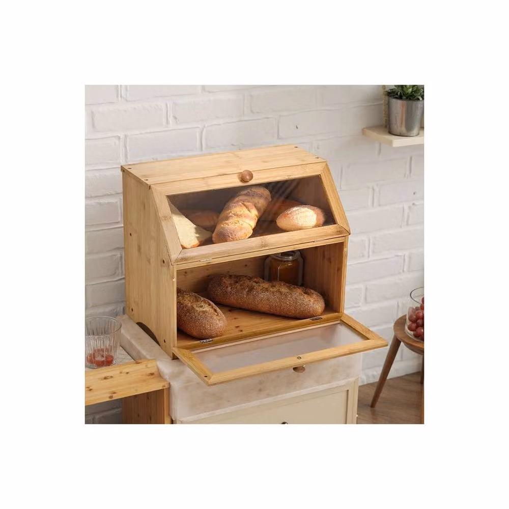 FORGEVIO Natural Double Layer Bamboo Bread Bin in Beige and Brown, W: 39.0 cm, D: 32.0 cm – 3