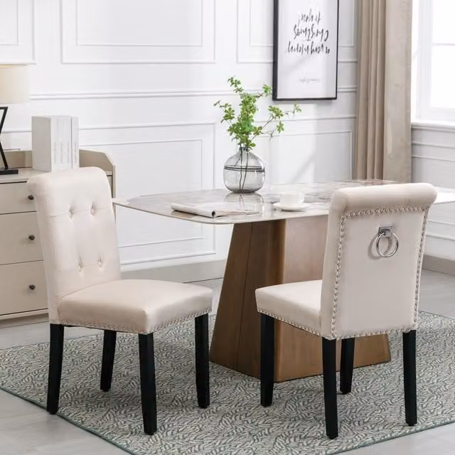 Home Touch Interiors Set of 2 Modern Beige Velvet Upholstered Dining Chairs