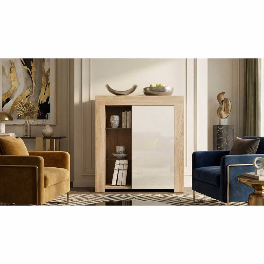 FORGEVIO Modern Glossy Sideboard Cabinet Storage Unit in Beige and White with Oak Wood and Glass Details – 2