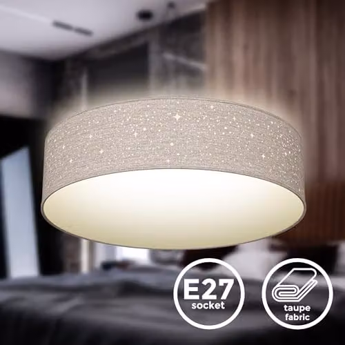 B.K.Licht Modern Fabric Ceiling Light with Star Effect in Beige, W/D/H: 38 x 38 x 10 cm – 5