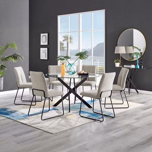 FurnitureboxUK Novara Round Glass Dining Table with 6 Halle Chairs in Black and Beige, Diameter: 120 cm