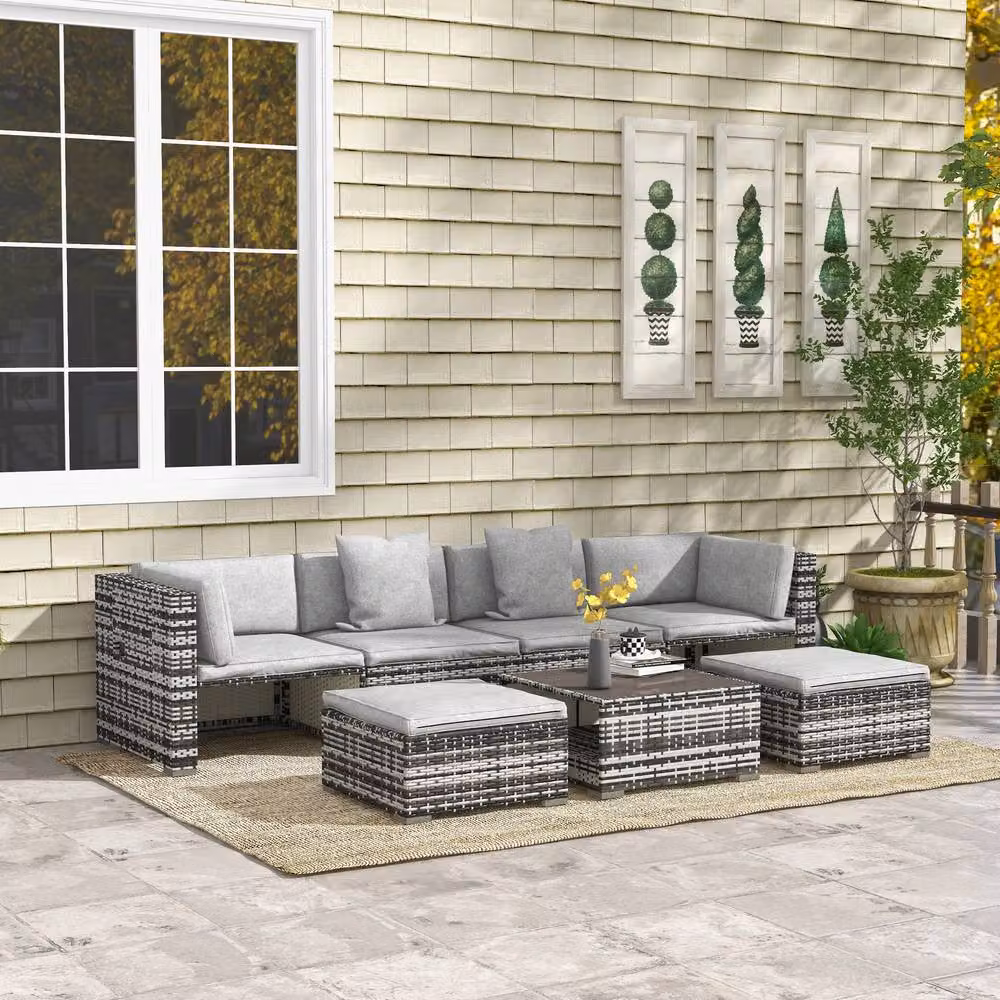 ERGOVEXA Seven-Piece Rattan Patio Furniture Set with Cushions in Mixed-grey – 2