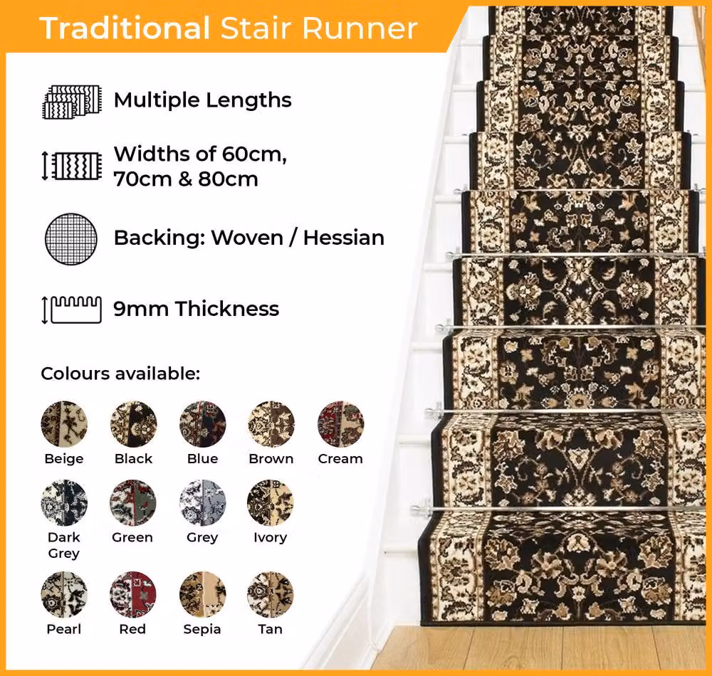 runrug Traditional Stair Runner Carpet in Cream, W: 70 cm x L: 690 cm – 2