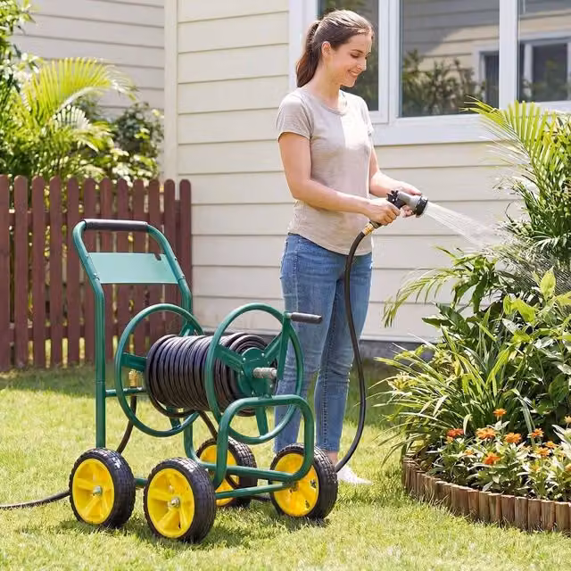SPETLEK Green Freestanding Garden Hose Reel Cart with 4 Wheels – 1