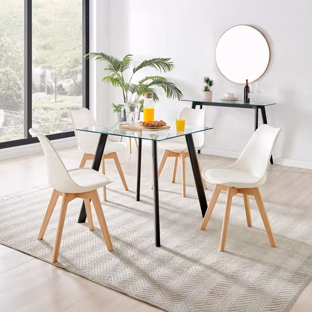 FurnitureboxUK Seattle Square Glass Dining Table with 4 Stockholm White Wooden Leg Chairs