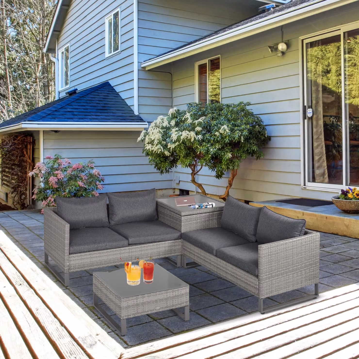 Outsunny Grey PE Rattan Wicker 4-Seater Garden Furniture Set with Coffee Table and Side Storage Box – 2
