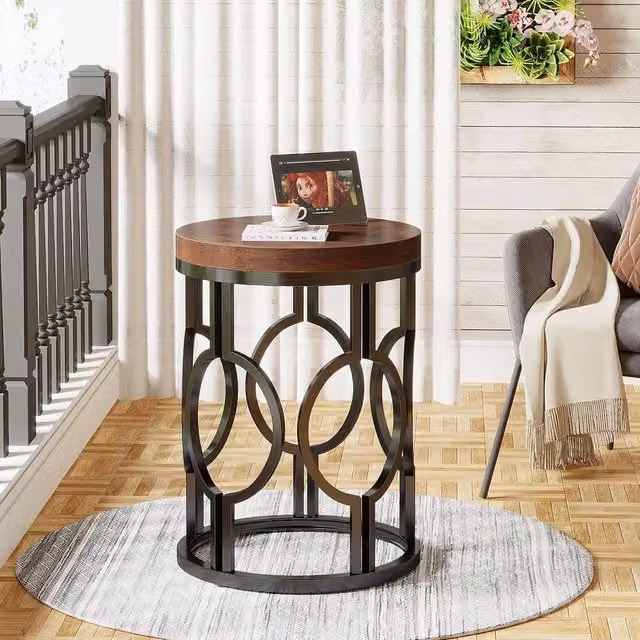 FORGEVIO Industrial Round End Table and Small Nightstand in Brown – 1