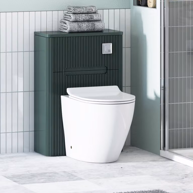 Avenza Moss Green Wall Mounted WC Unit with Elva Rimless Ceramic Toilet Pan, Slim Soft Close Seat and Cistern, Depth: 55 cm