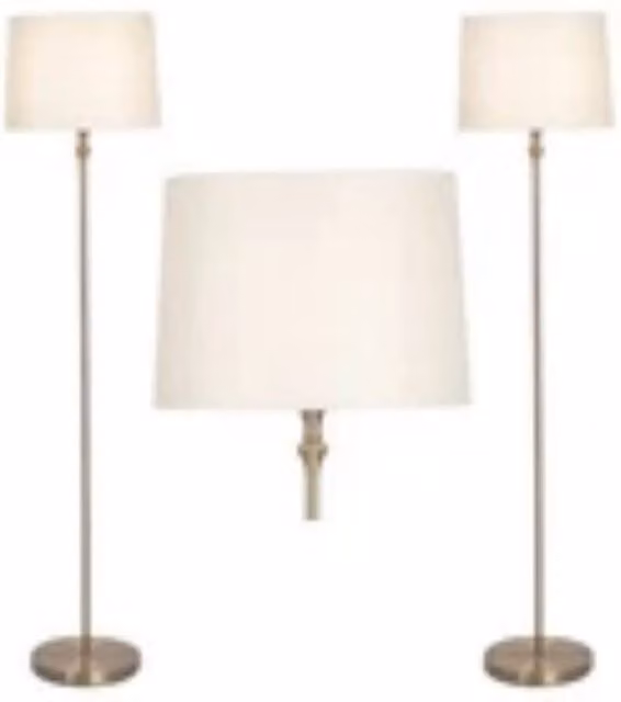 Havendro Set of 2 Antique Brass Floor Lamps with Beige Fabric Cylinder Shades – 1
