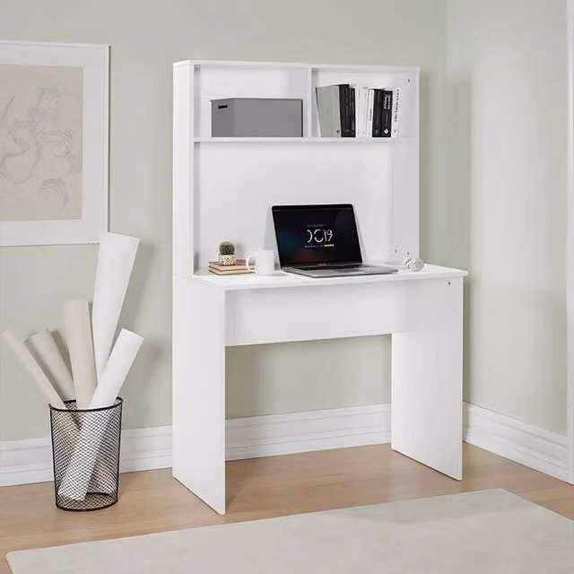 FORGEVIO Matt White Study Desk with Two Shelf Storage Hutch, W/D/H: 90 x 75 x 75 cm