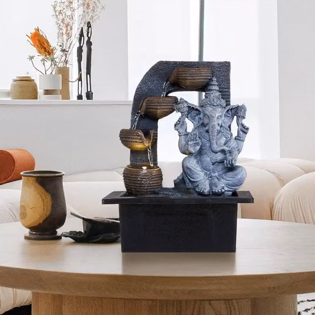 Livingandhome Desktop Ornamental Electric Ganesha Fountain Feature with LED Light, Grey