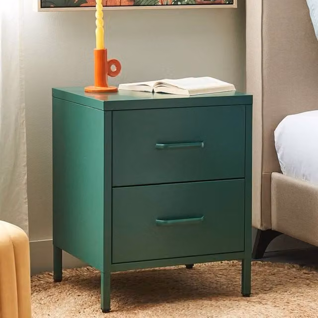 Wyld and Coco Green Steel 2 Drawer Bedside Table with Glass Top