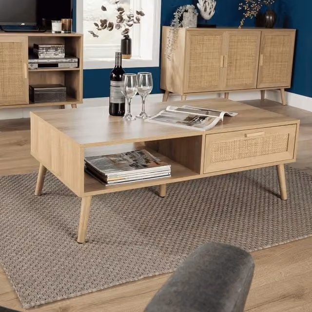 Home Source Rattan Coffee Table with Drawer and Open Shelf in Sand and Beige, W/D/H: 110 x 59 x 40 cm – 1