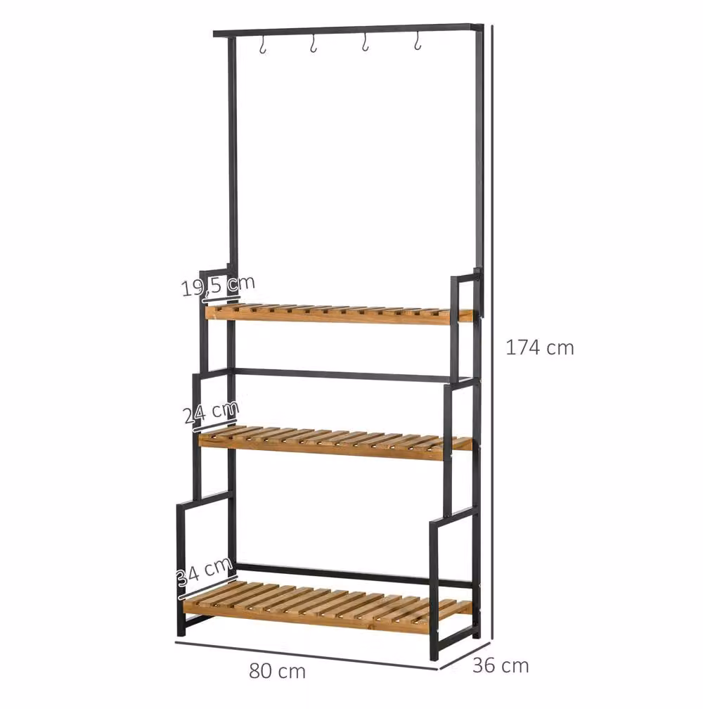 STILVORA 3 Tier Plant Stand with Hanging Hooks in Brown and Black, H x W x D: 174 x 80 x 36 cm – 3