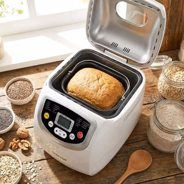 Spector Automatic Bread Maker with 19 Programs and Timer, White Stainless Steel