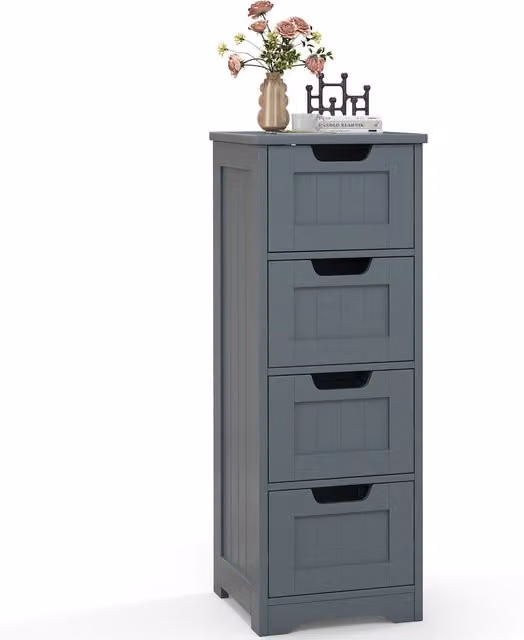 Costway Modern Grey Freestanding Floor Storage Cabinet with 4 Drawers for Bathroom, Bedroom or Living Room